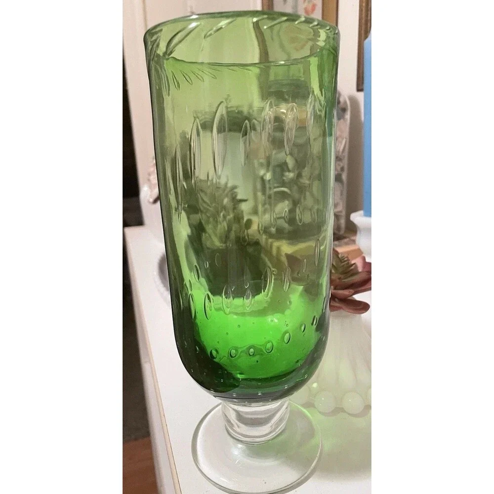 70’s Art Deco Hand Blown Controlled Bubble Apple Green & Clear Base Glass Vase